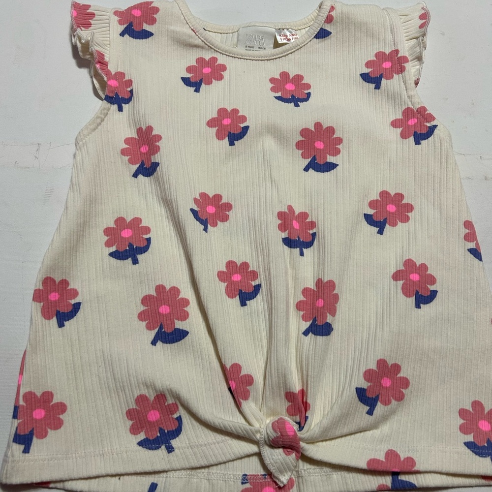 Zara Cream Floral Short Sleeve Tee with Pink & Blue Flowers